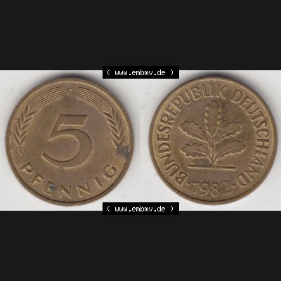 BRD Münze aus Deutschland 1950-2001, 5 Pfennig / 5 Pf. 1982 G - Vollansicht II. als Bildmaterial innerhalb vom online Katalog und online Datenbank für Münzen der... Sammlung