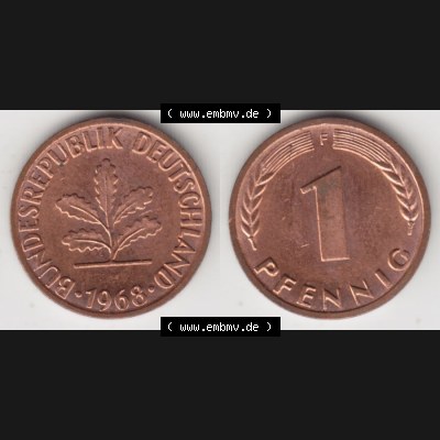 BRD Münze aus Deutschland 1950-2001, 1 Pfennig / 1 Pf. 1968 F - Vollansicht I.. Bild der Vorderseite und Rückseite einer 1 Pfennig Münze der Bundesrepublik... Sammlung