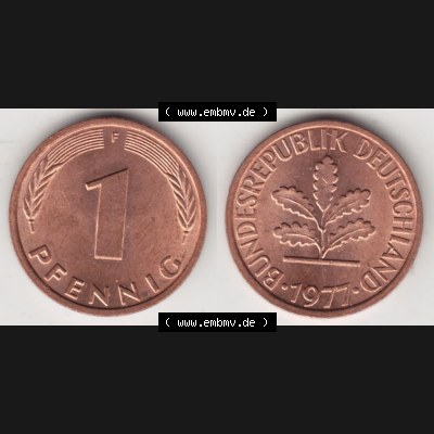 BRD Münze aus Deutschland 1950-2001, 1 Pfennig / 1 Pf. 1977 F - Vollansicht II.. Bild der Vorderseite und Rückseite einer 1 Pfennig Münze der Bundesrepublik... Sammlung