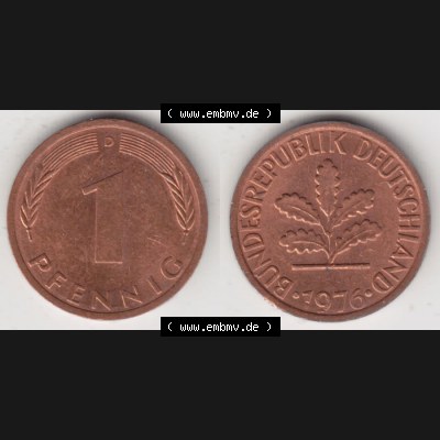 BRD Münze aus Deutschland 1950-2001 1 Pfennig / 1 Pf. 1976 D - Vollansicht II.. Bild der Vorderseite und Rückseite einer 1 Pfennig Münze der Bundesrepublik Deutschland... Sammlung