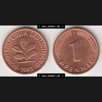 BRD Münze aus Deutschland 1950-2001, 1 Pfennig / 1 Pf. 1983 G - Vollansicht I.. Bild der Vorderseite und Rückseite einer 1 Pfennig Münze der Bundesrepublik... Sammlung