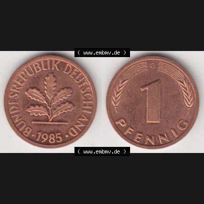 BRD Münze aus Deutschland 1950-2001, 1 Pfennig / 1 Pf. 1985 G - Vollansicht I.. Bild der Vorderseite und Rückseite einer 1 Pfennig Münze der Bundesrepublik... Sammlung