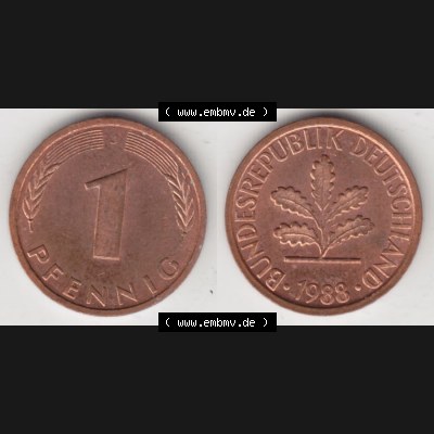 BRD Münze aus Deutschland 1950-2001, 1 Pfennig / 1 Pf. 1988 J - Vollansicht II.. Bild der Vorderseite und Rückseite einer 1 Pfennig Münze der Bundesrepublik... Sammlung