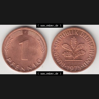 BRD Münze aus Deutschland 1950-2001, 1 Pfennig / 1 Pf. 1975 F - Vollansicht II.. Bild der Vorderseite und Rückseite einer 1 Pfennig Münze der Bundesrepublik... Sammlung