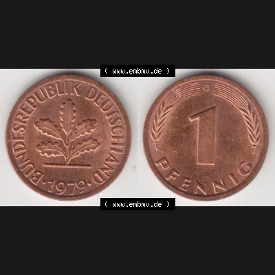 BRD Münze aus Deutschland 1950-2001, 1 Pfennig / 1 Pf. 1979 G - Vollansicht I.. Bild der Vorderseite und Rückseite einer 1 Pfennig Münze der Bundesrepublik... Sammlung