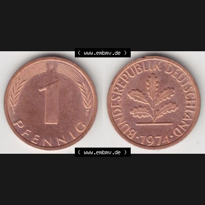 BRD Münze aus Deutschland 1950-2001, 1 Pfennig / 1 Pf. 1974 F - Vollansicht II.. Bild der Vorderseite und Rückseite einer 1 Pfennig Münze der Bundesrepublik... Sammlung