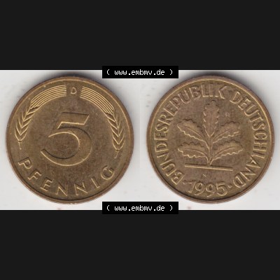 BRD Münze aus Deutschland 1950-2001, 5 Pfennig / 5 Pf. 1995 D - Vollansicht II. als Bildmaterial innerhalb vom online Katalog und online Datenbank für Münzen der... Sammlung