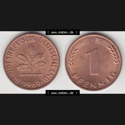 BRD Münze aus Deutschland 1950-2001, 1 Pfennig / 1 Pf. 1969 D - Vollansicht I.. Bild der Vorderseite und Rückseite einer 1 Pfennig Münze der Bundesrepublik... Sammlung