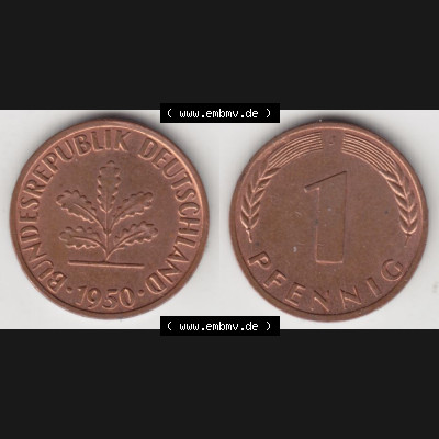 BRD Münze aus Deutschland 1950-2001, 1 Pfennig / 1 Pf. 1950 J - Vollansicht I.. Bild der Vorderseite und Rückseite einer 1 Pfennig Münze der Bundesrepublik... Sammlung