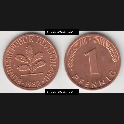 BRD Münze aus Deutschland 1950-2001, 1 Pfennig / 1 Pf. 1982 F - Vollansicht I.. Bild der Vorderseite und Rückseite einer 1 Pfennig Münze der Bundesrepublik... Sammlung