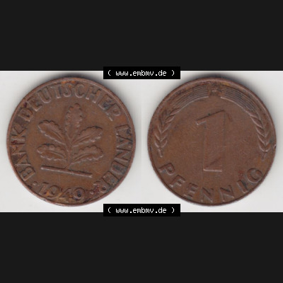 BRD Münze aus Deutschland 1948-1949, 1 Pfennig / 1 Pf. 1949 J - Vollansicht I.. Bild der Vorderseite und Rückseite einer 1 Pfennig Münze der Bundesrepublik... Sammlung