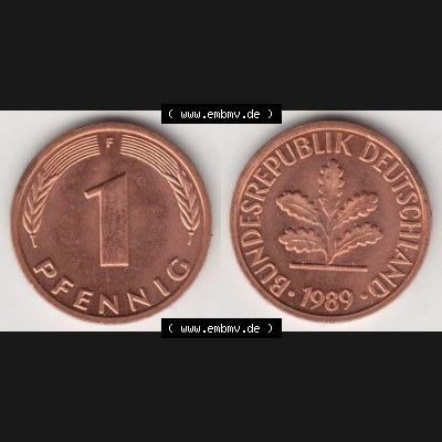 BRD Münze aus Deutschland 1950-2001, 1 Pfennig / 1 Pf. 1989 F - Vollansicht II.. Bild der Vorderseite und Rückseite einer 1 Pfennig Münze der Bundesrepublik... Sammlung