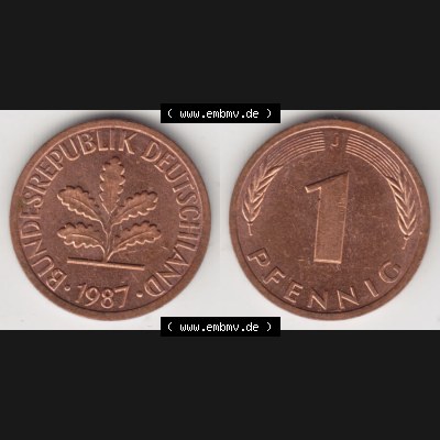 BRD Münze aus Deutschland 1950-2001, 1 Pfennig / 1 Pf. 1987 J - Vollansicht I.. Bild der Vorderseite und Rückseite einer 1 Pfennig Münze der Bundesrepublik... Sammlung