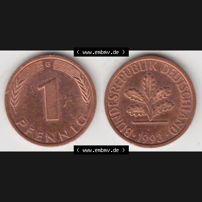 BRD Münze aus Deutschland 1950-2001, 1 Pfennig / 1 Pf. 1993 G - Vollansicht II.. Bild der Vorderseite und Rückseite einer 1 Pfennig Münze der Bundesrepublik... Sammlung