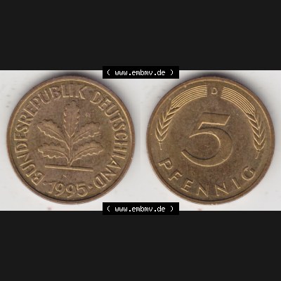 BRD Münze aus Deutschland 1950-2001, 5 Pfennig / 5 Pf. 1995 D - Vollansicht I. als Bildmaterial innerhalb vom online Katalog und online Datenbank für Münzen der BRD... Sammlung