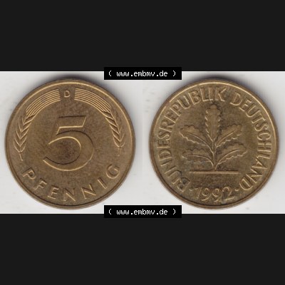BRD Münze aus Deutschland 1950-2001, 5 Pfennig / 5 Pf. 1992 D - Vollansicht II. als Bildmaterial innerhalb vom online Katalog und online Datenbank für Münzen der... Sammlung