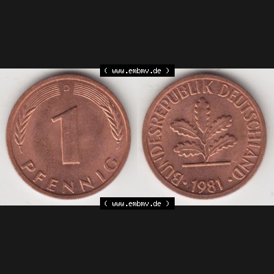 BRD Münze aus Deutschland 1950-2001, 1 Pfennig / 1 Pf. 1981 D - Vollansicht II.. Bild der Vorderseite und Rückseite einer 1 Pfennig Münze der Bundesrepublik... Sammlung
