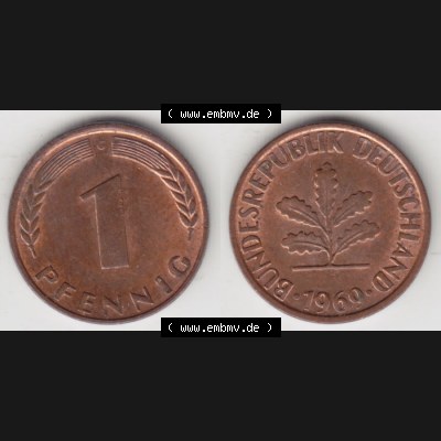 BRD Münze aus Deutschland 1950-2001, 1 Pfennig / 1 Pf. 1969 G - Vollansicht II.. Bild der Vorderseite und Rückseite einer 1 Pfennig Münze der Bundesrepublik... Sammlung