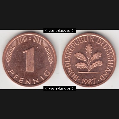 BRD Münze aus Deutschland 1950-2001, 1 Pfennig / 1 Pf. 1987 D - Vollansicht II.. Bild der Vorderseite und Rückseite einer 1 Pfennig Münze der Bundesrepublik... Sammlung