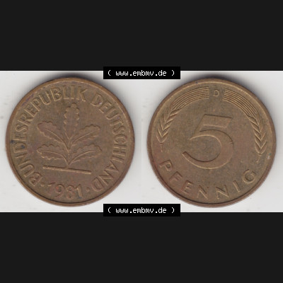 BRD Münze aus Deutschland 1950-2001, 5 Pfennig / 5 Pf. 1981 D - Vollansicht I. als Bildmaterial innerhalb vom online Katalog und online Datenbank für Münzen der BRD... Sammlung