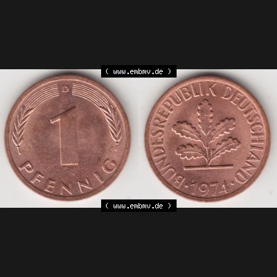 BRD Münze aus Deutschland 1950-2001, 1 Pfennig / 1 Pf. 1974 D - Vollansicht II.. Bild der Vorderseite und Rückseite einer 1 Pfennig Münze der Bundesrepublik... Sammlung