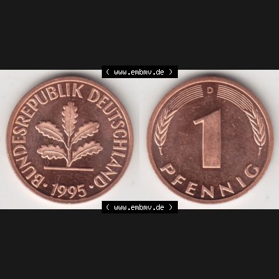 BRD Münze aus Deutschland 1950-2001, 1 Pfennig / 1 Pf. 1995 D - Vollansicht I.. Bild der Vorderseite und Rückseite einer 1 Pfennig Münze der Bundesrepublik... Sammlung