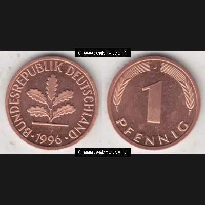 BRD Münze aus Deutschland 1950-2001, 1 Pfennig / 1 Pf. 1996 J - Vollansicht I.. Bild der Vorderseite und Rückseite einer 1 Pfennig Münze der Bundesrepublik... Sammlung