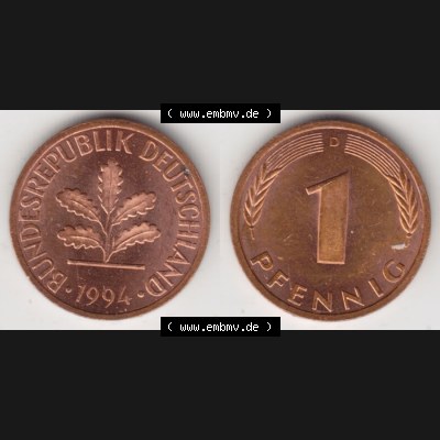 BRD Münze aus Deutschland 1950-2001, 1 Pfennig / 1 Pf. 1994 D - Vollansicht I.. Bild der Vorderseite und Rückseite einer 1 Pfennig Münze der Bundesrepublik... Sammlung