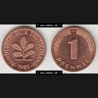 BRD Münze aus Deutschland 1950-2001, 1 Pfennig / 1 Pf. 1985 F - Vollansicht I.. Bild der Vorderseite und Rückseite einer 1 Pfennig Münze der Bundesrepublik... Sammlung