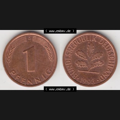 BRD Münze aus Deutschland 1950-2001, 1 Pfennig / 1 Pf. 1993 D - Vollansicht II.. Bild der Vorderseite und Rückseite einer 1 Pfennig Münze der Bundesrepublik... Sammlung
