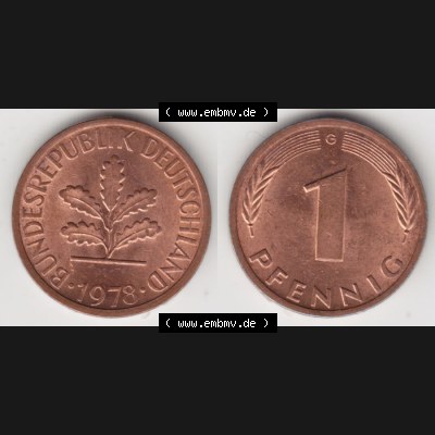 BRD Münze aus Deutschland 1950-2001, 1 Pfennig / 1 Pf. 1978 G - Vollansicht I.. Bild der Vorderseite und Rückseite einer 1 Pfennig Münze der Bundesrepublik... Sammlung