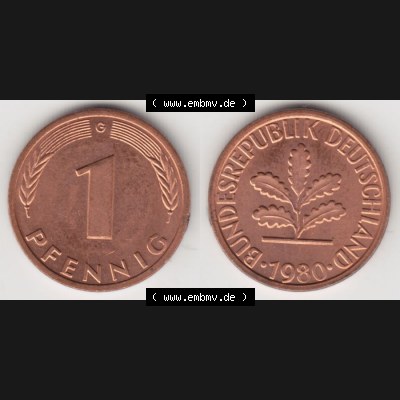 BRD Münze aus Deutschland 1950-2001, 1 Pfennig / 1 Pf. 1980 G - Vollansicht II.. Bild der Vorderseite und Rückseite einer 1 Pfennig Münze der Bundesrepublik... Sammlung