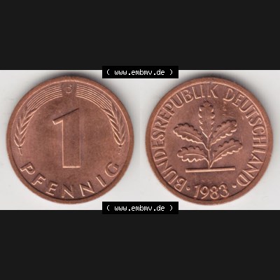 BRD Münze aus Deutschland 1950-2001, 1 Pfennig / 1 Pf. 1983 D - Vollansicht II.. Bild der Vorderseite und Rückseite einer 1 Pfennig Münze der Bundesrepublik... Sammlung