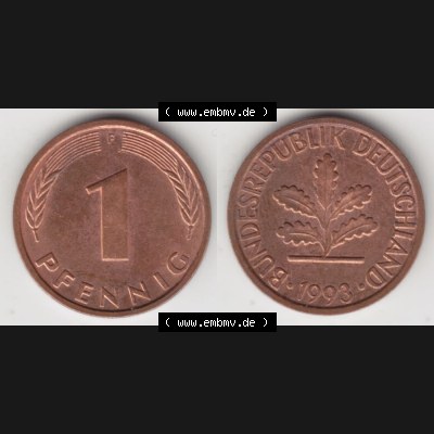 BRD Münze aus Deutschland 1950-2001, 1 Pfennig / 1 Pf. 1993 F - Vollansicht II.. Bild der Vorderseite und Rückseite einer 1 Pfennig Münze der Bundesrepublik... Sammlung