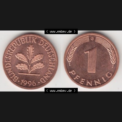 BRD Münze aus Deutschland 1950-2001, 1 Pfennig / 1 Pf. 1996 G - Vollansicht I.. Bild der Vorderseite und Rückseite einer 1 Pfennig Münze der Bundesrepublik... Sammlung