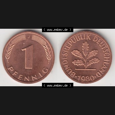 BRD Münze aus Deutschland 1950-2001, 1 Pfennig / 1 Pf. 1980 J - Vollansicht II.. Bild der Vorderseite und Rückseite einer 1 Pfennig Münze der Bundesrepublik... Sammlung