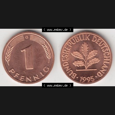 BRD Münze aus Deutschland 1950-2001, 1 Pfennig / 1 Pf. 1995 G - Vollansicht II.. Bild der Vorderseite und Rückseite einer 1 Pfennig Münze der Bundesrepublik... Sammlung