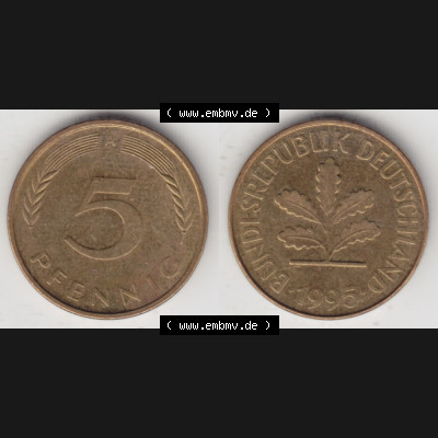 BRD Münze aus Deutschland 1950-2001, 5 Pfennig / 5 Pf. 1995 A - Vollansicht II. als Bildmaterial innerhalb vom online Katalog und online Datenbank für Münzen der... Sammlung