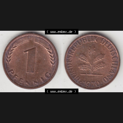 BRD Münze aus Deutschland 1950-2001 1 Pfennig / 1 Pf. 1970 G - Vollansicht II.. Bild der Vorderseite und Rückseite einer 1 Pfennig Münze der Bundesrepublik Deutschland... Sammlung