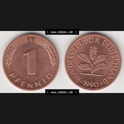 BRD Münze aus Deutschland 1950-2001, 1 Pfennig / 1 Pf. 1990 G - Vollansicht II.. Bild der Vorderseite und Rückseite einer 1 Pfennig Münze der Bundesrepublik... Sammlung
