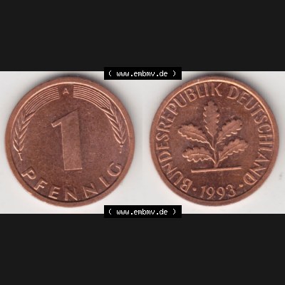 BRD Münze aus Deutschland 1991-2001, 1 Pfennig / 1 Pf. 1993 A - Vollansicht II.. Bild der Vorderseite und Rückseite einer 1 Pfennig Münze der Bundesrepublik... Sammlung