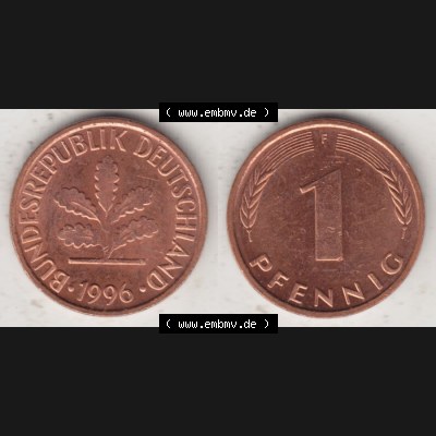 BRD Münze aus Deutschland 1950-2001, 1 Pfennig / 1 Pf. 1996 F - Vollansicht I.. Bild der Vorderseite und Rückseite einer 1 Pfennig Münze der Bundesrepublik... Sammlung