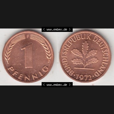 BRD Münze aus Deutschland 1950-2001, 1 Pfennig / 1 Pf. 1972 F - Vollansicht II.. Bild der Vorderseite und Rückseite einer 1 Pfennig Münze der Bundesrepublik... Sammlung