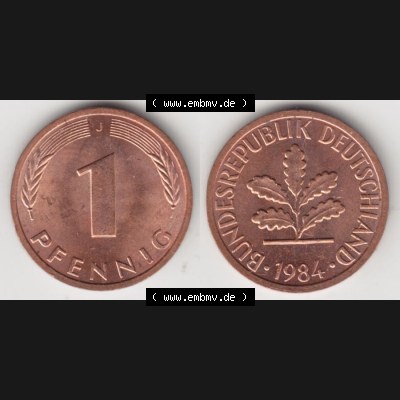 BRD Münze aus Deutschland 1950-2001, 1 Pfennig / 1 Pf. 1984 J - Vollansicht II.. Bild der Vorderseite und Rückseite einer 1 Pfennig Münze der Bundesrepublik... Sammlung