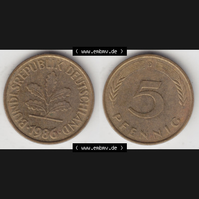 BRD Münze aus Deutschland 1950-2001, 5 Pfennig / 5 Pf. 1986 D - Vollansicht I. als Bildmaterial innerhalb vom online Katalog und online Datenbank für Münzen der BRD... Sammlung