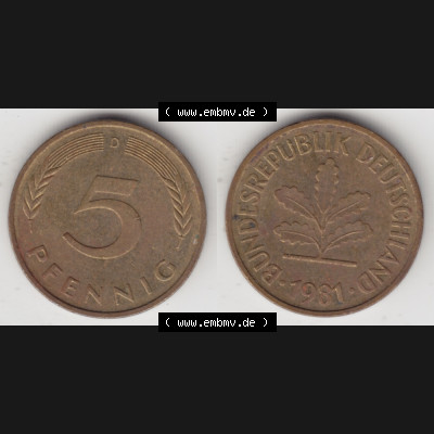 BRD Münze aus Deutschland 1950-2001, 5 Pfennig / 5 Pf. 1981 D - Vollansicht II. als Bildmaterial innerhalb vom online Katalog und online Datenbank für Münzen der... Sammlung