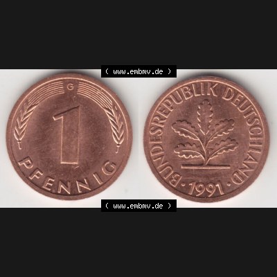 BRD Münze aus Deutschland 1950-2001, 1 Pfennig / 1 Pf. 1991 G - Vollansicht II.. Bild der Vorderseite und Rückseite einer 1 Pfennig Münze der Bundesrepublik... Sammlung