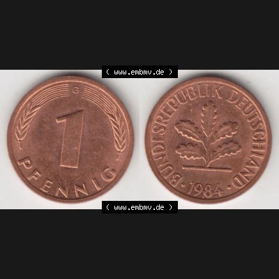 BRD Münze aus Deutschland 1950-2001, 1 Pfennig / 1 Pf. 1984 G - Vollansicht II.. Bild der Vorderseite und Rückseite einer 1 Pfennig Münze der Bundesrepublik... Sammlung