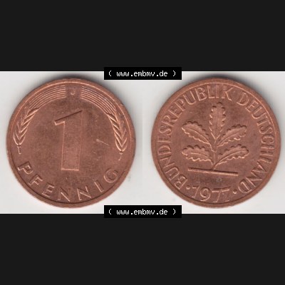 BRD Münze aus Deutschland 1950-2001, 1 Pfennig / 1 Pf. 1977 J - Vollansicht II.. Bild der Vorderseite und Rückseite einer 1 Pfennig Münze der Bundesrepublik... Sammlung