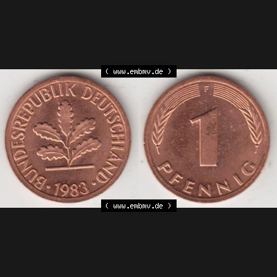 BRD Münze aus Deutschland 1950-2001, 1 Pfennig / 1 Pf. 1983 F - Vollansicht I.. Bild der Vorderseite und Rückseite einer 1 Pfennig Münze der Bundesrepublik... Sammlung